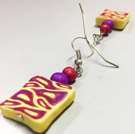 Funky Polymer Clay Earrings Yellow Pink and Purple Unique