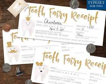 Tooth Fairy Receipt - Tooth Fairy Certificate - 9 Different Designs - Tooth Fairy Accessories - Lost Tooth - Gold - Instant Download