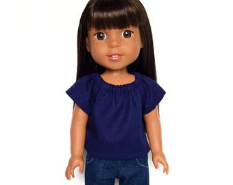 Peasant Top, Navy Blue, 14.5 inch, Fits dolls such as Wellie Wishers Doll Clothes, Free Mini Skirt with the Purchase of 3 WW Peasant Tops