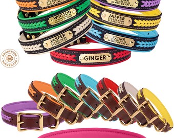 Braided Leather Dog Collar with Name Plate Personalized Custom Brass Hardware Black Brown Soft Padded