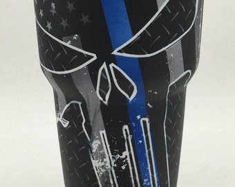 Yeti Rambler 30oz - Police blue line skull tumbler - Hydrodipped Yeti - Stock Reduction Sale
