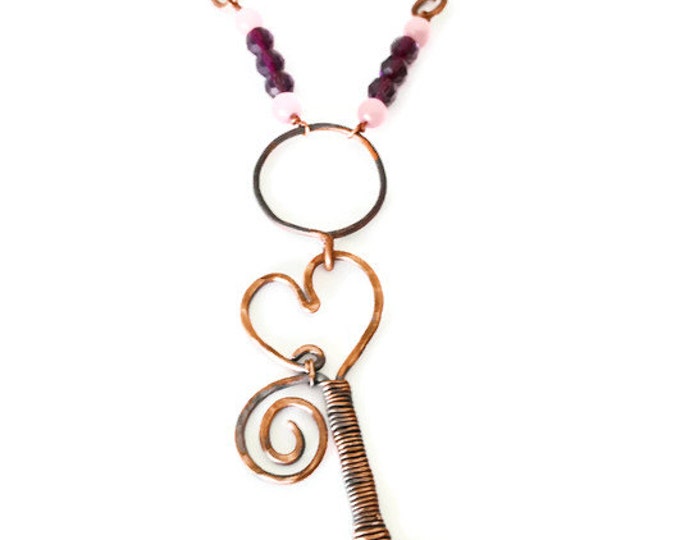 Key to My Heart Copper Pendant, Pink and Red Beaded Necklace, Copper Beaded Necklace, Valentine's Day Gift
