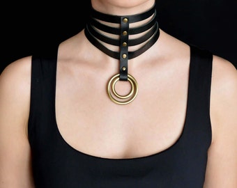 Leather choker for Women, Wide Leather collar for Women, Wide Leather chocker, Brass O-Ring necklace choker, Women Leather necklace