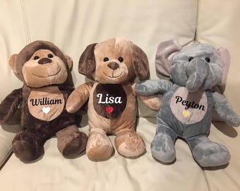 Personalized Stuffed Animals, Baby shower gifts, Baby's first, stuffed animals, Elephants, Dogs, Monkeys, Toys, Birthday Gifts, Plushies