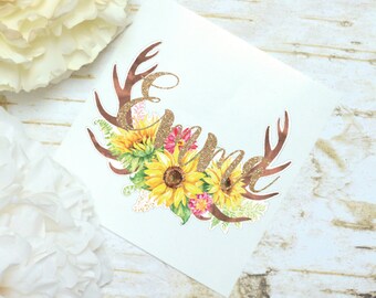 Antlers Sunflower Monogram Decal, Watercolor Flowers, Glossy and Glitter Monogram Sticker, Tumbler Decal, Watercolor Peonies, Floral Decal