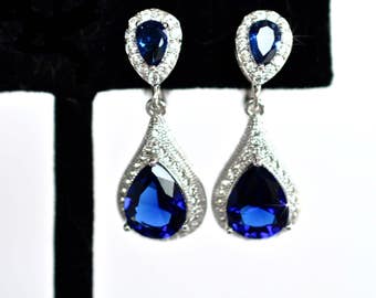 Sapphire Blue Pear Cubic Zirconia CZ Waterdrop Dangle Clip-On Bridal Earrings, Bridal, Wedding (Sparkle-2411)
