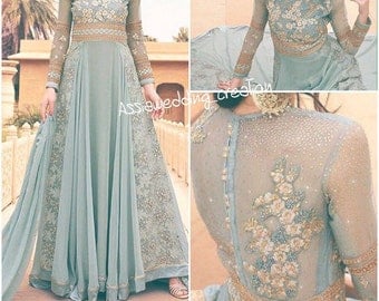 Indian Anarkali dress for modest woman blue grey color hight quality tissue fabrivc new 2017