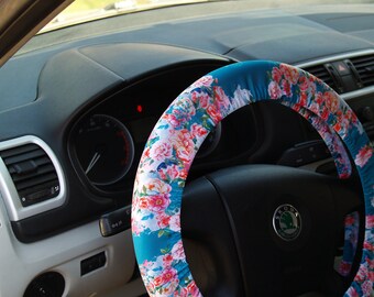 Flowery steering wheel cover Beautiful car accessory for woman Great gift for her One size fit to all Cute blue car decoration
