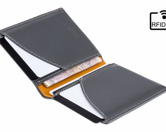 RFID Slim Leather wallet - Minimal wallet / card holder / card wallet - Grey/Yellow - A-SLIM - Origami - Small Wallet - Mens Wallet