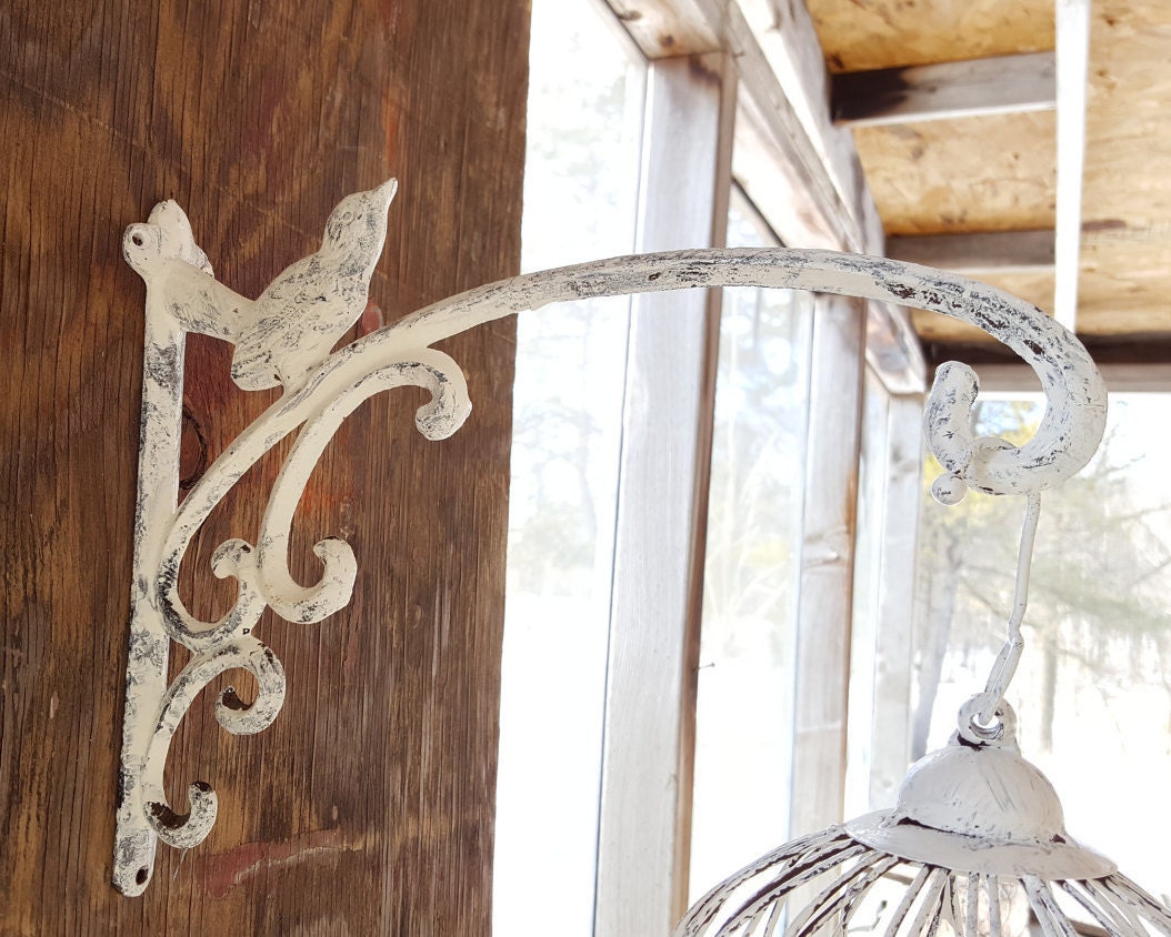 Cast Iron Plant Hanger/ Shabby White Metal Bird Plant Hanger/
