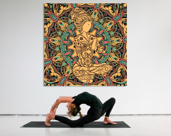 Mandala yoga girl in lotus posture canvas wall art, meditation art, yoga studio decor, yoga gifts, yoga mandala print