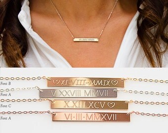 Roman Numerals Necklace, Roman Dates Bar Necklace, Custom Engraved Bar, Gold Filled, Silver, Rose Gold, Silver bar B434h