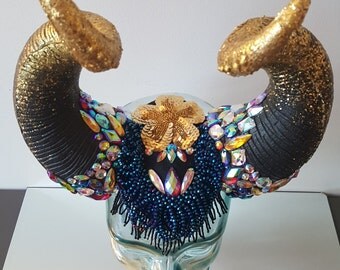 Golden Glitter Rhinestone Jeweled Horned Headdress, Horned Headpiece, Burning man, Festival wear