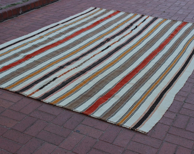 CHRISTMAS SALE %7 Stripe Kilim Rug, 90" x 124.4" / 225 x 311 cm, Boho Kilim Rug, White Kilim Rug, Colorful Kilim Rug