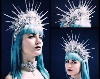 Arctic Siren Halo Headpiece - Silver Mermaid Crown with Resin Icicles and Scallop Shells, embellished with Scalloped Lace and Rhinestones