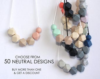 Silicone Teething Necklace CHOOSE Color Neutrals Baby Bite Bead Nursing Necklace Teether Chewing Beads Chew Jewelry Toddler Teething Toy
