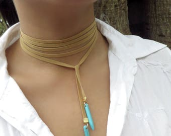 Choker Necklace, Wrap Necklace, Minimalist Necklace, Tan Turquoise Wrap Choker, Boho Choker, Bohemian Jewelry, Spike Choker, Suede Choker