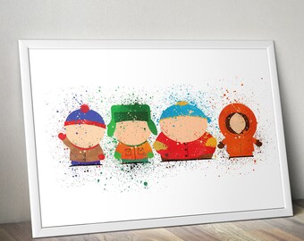 South Park Inspired Poster Print | Watercolour Art Painting | Digital Download | Stan, Kyle, Cartman, Kenny | Tv Show Art| Minimalist