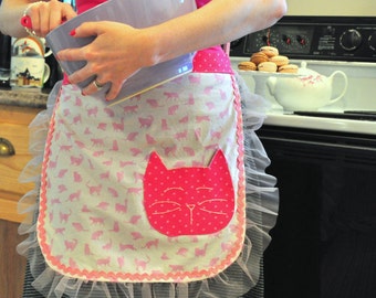 Cat Apron, Apron, Half Apron, Hostess Apron, Retro Apron, Apron, Retro, Cats, Kitty, Pink, Cute, New
