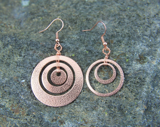 BoHo Asymmetrical Copper Circle Earrings with Textured Pattern