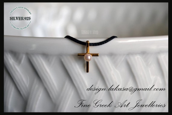 Cross Necklace Sterling Silver Gold plated Handmade Jewelry Pearl Gift for her Birthday Christmas Girlfriend Mother Baby Girl Religious Love