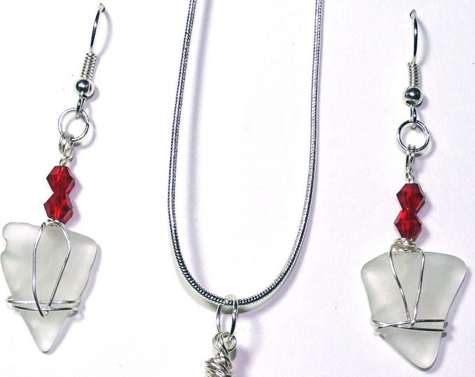Beach Glass & Swarovski Crystal Necklace - earring set, wire wrapped white frosted beach glass
