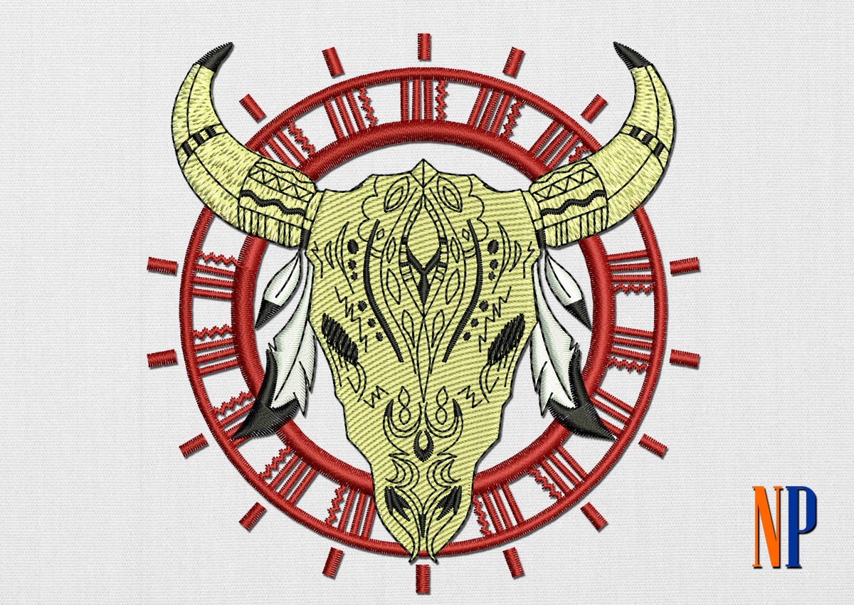 Bull skull machine embroidery design buffalo skull patch
