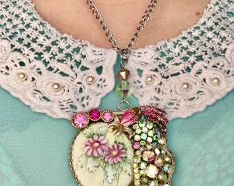 Vintage Pink and green floral cameo, collage necklace, bib necklace, recycled jewelry, vintage jewelry