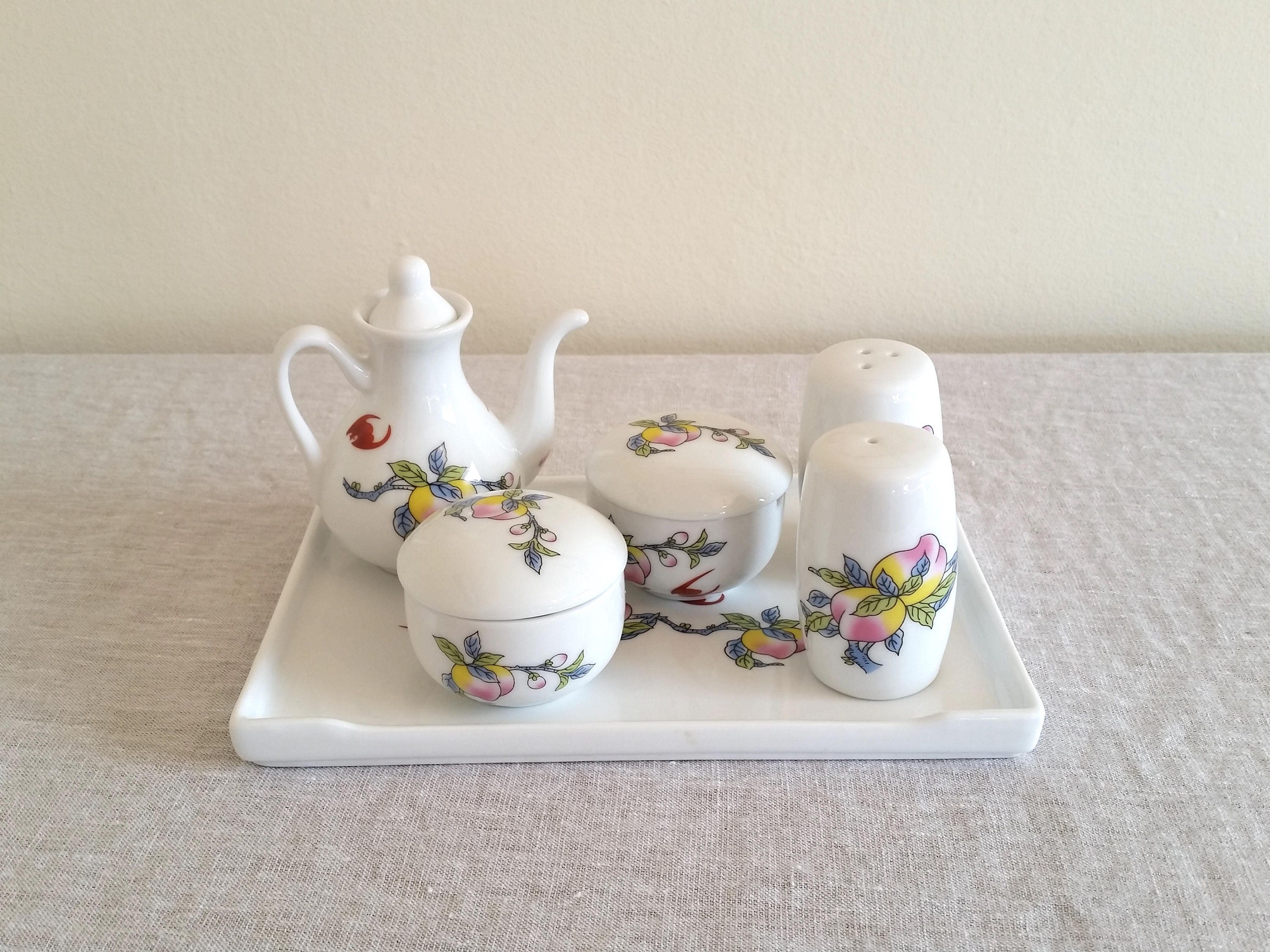 Chinese Ceramic Condiment Set with Tray Peaches and Bats