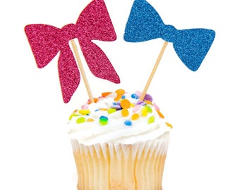 12 CT Glitter Gender Reveal Cupcake Topper Bow Bowtie Cupcake Topper Baby Shower Cupcake Topper Baby Shower Decoration Baby Girl Boy