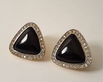 Vintage (c. 1980's) Kenneth J Lane Simulated Onyx & Crystal Triangle Clip on Earrings