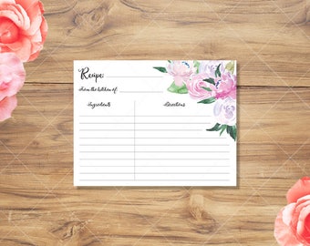 Recipe Card | Floral Watercolor Printable Recipe Card | Instant Download