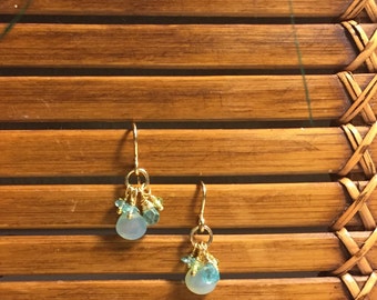 Chalcedony Peridot Apatite & Gold Dangle Earrings