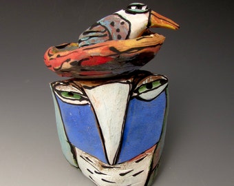 Owl art, sculpture, handmade ceramic owl art,"Owl Person and Nesting Beauty Bird. Love is All, 7-3/4" tall