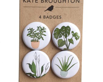 houseplant badges (pinback buttons) set of 4 - plant pins - pot plant accessories - gift for plant lover