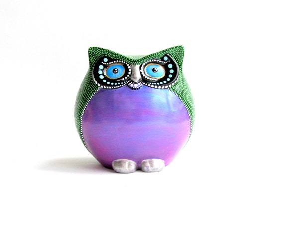 OWL Colorful Owl Figurine Hand painted Owl Round Happy Owl Figurine Owl Lover art ceramic owl purple and green owl