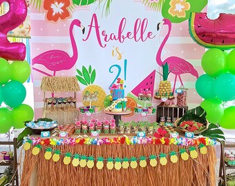 Backdrop Poster: Flamingo Hawaiian Birthday Printable Banner Backdrop 84x72 inches, Flamingo Party, Flamingo Poster, HIGH RESOLUTION FILE