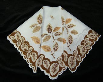 Vintage 13" Scalloped Fall Autumn Leaves Leaf Floral Wedding Favor, Craft Handkerchief - 9806