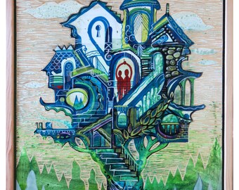 Family Mansion, Original Carved Wood Painting - Buzz Parker - 20x24 inches Treehouse Trees Forest Getaway Vacation Hideout HOME TREE HOME