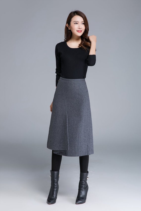 pencil skirt wrap skirt midi skirt wool skirt dark grey