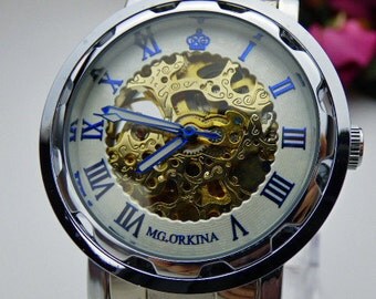 Blue and Silver Men's Mechanical Wrist Watch with Stainless Steel Watch Band - Automatic Self-winding - Item MWA177