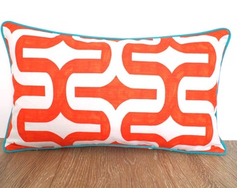 Orange pillow cover 20x12, geometric cushion modern living, orange and teal lumbar pillow, ikat cushion piping Christmas gift for her
