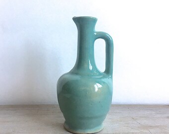 Vintage Ceramic Small Ewer Pitcher Vase Aqua Turquoise Seafoam Teal Green Unmarked 5 1/2"