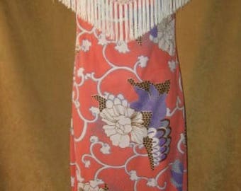 Coral Mod Print Dress with Fringe 70s Vintage