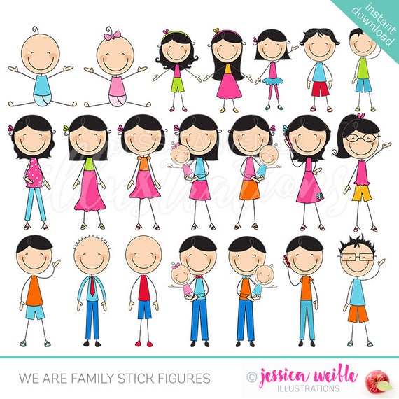 We are Family Stick Figures Cute Digital Clipart, Stick Figure Family