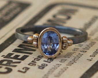 Genuine .84ct Medium Blue Sapphire Oxidized Sterling Silver And 18K Gold Ring SZ 6.5