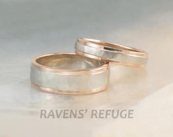 rose gold and white gold wedding band set -- hammered two tone wedding rings with step-down edges