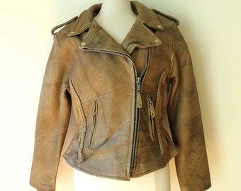 Vintage 1980's/Light Brown Leather Motorcycle Jacket/Caramel Leather Biker Jacket/Distressed Ladies Biker Jacket