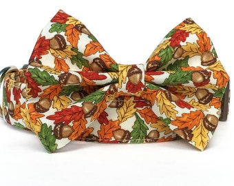 Fall Dog Collar Bow Tie / Thanksgiving Dog Collar / Autumn Dog Collar / Fall Leaves Dog Collar / Dog Bowtie / Orange Brown Dog Bow Tie