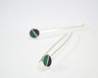 Sterling Silver Earrings, Divided Circles, Bue and Green, Modern, Contemporary, Minimal
